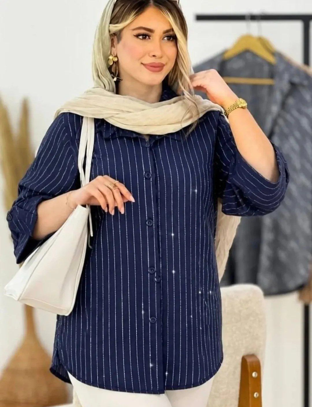 شومیز مانتویی فول نگین آستین پاگون دار زنانه