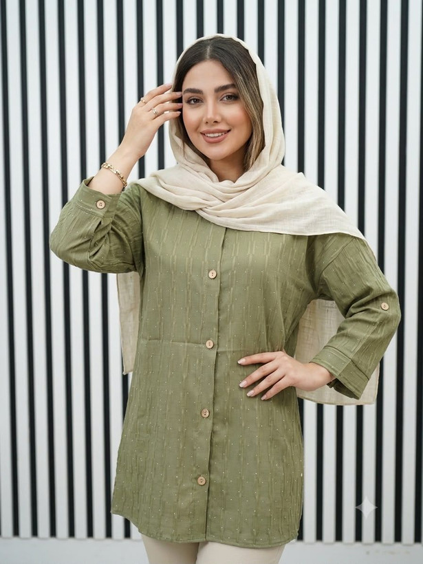 شومیز مانتویی فول نگین آستین پاگون دار زنانه قواره دار